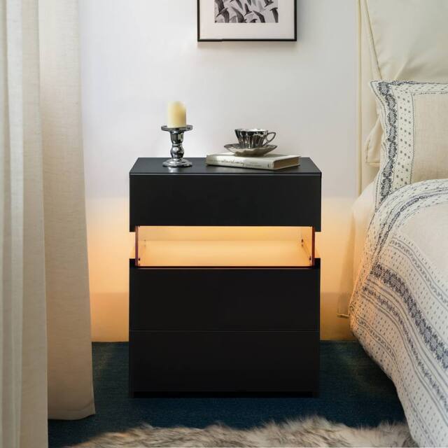 Matteo Black LED Nightstand with Acrylic Board & 3 Drawers for Bedroom - image 1