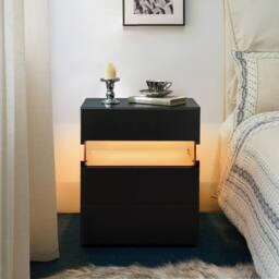 Matteo Black LED Nightstand with Acrylic Board & 3 Drawers for Bedroom - thumbnail 1