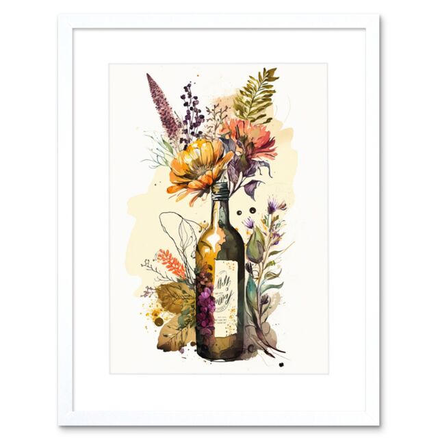 "Artery8 Wall Art Print Wildflower Bouquet in Upcycled Glass Wine Bottle Artwork Framed 9X7 Inch in White - Size: W7"" x H9""" - image 1