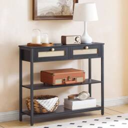 FORGEVIO Rattan-Like Black Console Table, 3-Tier Hallway - thumbnail 5