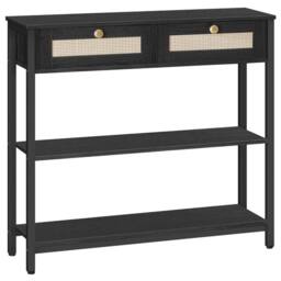 FORGEVIO Rattan-Like Black Console Table, 3-Tier Hallway