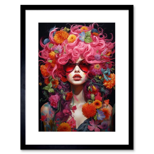 Artery8 Wall Art Print Flowerpunk Woman w/ Pink Hair & Flowers Vibrant Artwork Orange Pink Blue on Black High Detail Portrait Artwork Framed 9X7 Inch - image 1