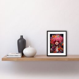 Artery8 Wall Art Print Flowerpunk Woman w/ Pink Hair & Flowers Vibrant Artwork Orange Pink Blue on Black High Detail Portrait Artwork Framed 9X7 Inch - thumbnail 2