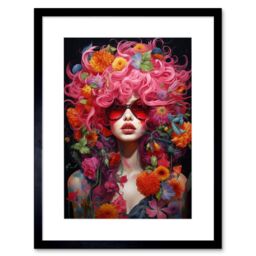 Artery8 Wall Art Print Flowerpunk Woman w/ Pink Hair & Flowers Vibrant Artwork Orange Pink Blue on Black High Detail Portrait Artwork Framed 9X7 Inch - thumbnail 1