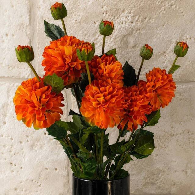 Leaf 75cm Pack of 6 x Artificial Dahlia PomPom Flower Stem Orange - image 1