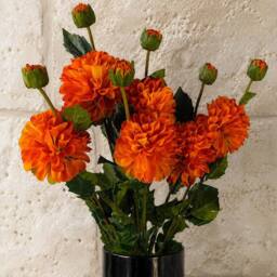 Leaf 75cm Pack of 6 x Artificial Dahlia PomPom Flower Stem Orange - thumbnail 1