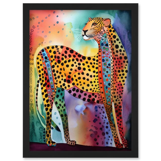 Artery8 Colourful Cheetah Folk Art Watercolour Painting Artwork Framed Wall Art Print A4 in Black - image 1