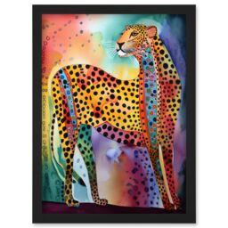 Artery8 Colourful Cheetah Folk Art Watercolour Painting Artwork Framed Wall Art Print A4 in Black - thumbnail 1