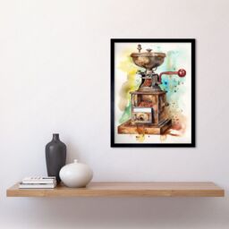 "Artery8 Wall Art Print Vintage Coffee Grinder Modern Watercolour Painting Modern Watercolour Painting Art Framed in Black - Size: W12"" x H16""" - thumbnail 2