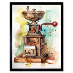 "Artery8 Wall Art Print Vintage Coffee Grinder Modern Watercolour Painting Modern Watercolour Painting Art Framed in Black - Size: W12"" x H16""" - thumbnail 1