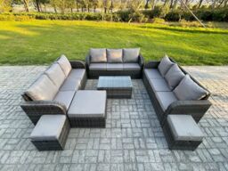 Fimous Rattan Lounge Sofa Set 12 Seater Outdoor Garden Furniture Set with Rectangular Coffee Table 3 Seater Sofa 3 Footstools Dark Grey Mixed - thumbnail 1