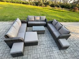 Fimous Rattan Lounge Sofa Set 12 Seater Outdoor Garden Furniture Set with Rectangular Coffee Table 3 Seater Sofa 3 Footstools Dark Grey Mixed - thumbnail 2