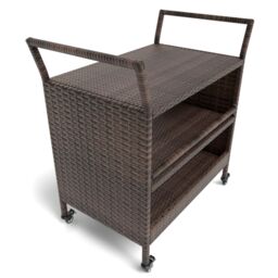Gymax Outdoor Bar Cart 3-Tier Rattan Storage Shelf With Wheels & Handles in Brown - thumbnail 3