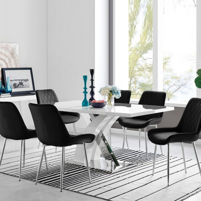 FurnitureboxUK Atlanta 6 White Dining Table & 6 Pesaro Silver Leg Chairs in Black - image 1