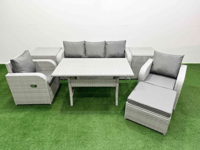 Fimous PE Rattan Garden Furniture Set Reclining Chair Sofa Lounge Sofa Set Rectangular Dining Table 2 Side Table Big Footstool Light Grey - image 1