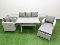 Fimous PE Rattan Garden Furniture Set Reclining Chair Sofa Lounge Sofa Set Rectangular Dining Table 2 Side Table Big Footstool Light Grey - thumbnail 2