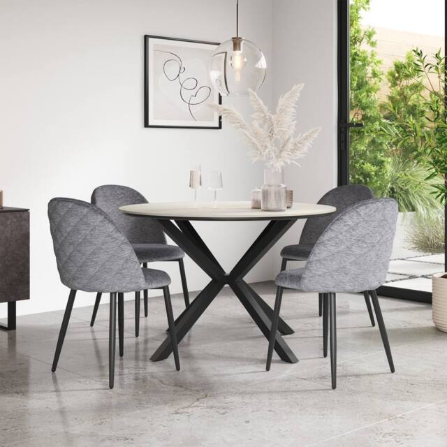 More4Homes Calne White marble Ceramic Round Dining Table & 6 Raye Velvet Chairs in Grey - image 1