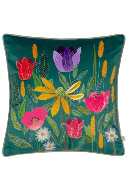 Wylder Nature House of Bloom Celandine Piped Cushion in Teal - Size: 43 cm x 43 cm - image 1