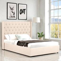 OAT Home Wrenbury Winged Chesterfield Headboard Fabric Ottoman Storage Bed Frame in Natural - Size: Double - thumbnail 1