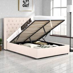 OAT Home Wrenbury Winged Chesterfield Headboard Fabric Ottoman Storage Bed Frame in Natural - Size: Double - thumbnail 2