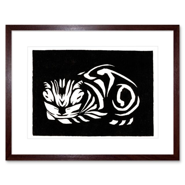 "Artery8 Wall Art Print Woodcut Cat Julie De Graag Art Framed 9x7 inch in Brown - Size: W7"" x H9""" - image 1