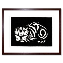 "Artery8 Wall Art Print Woodcut Cat Julie De Graag Art Framed 9x7 inch in Brown - Size: W7"" x H9""" - thumbnail 1