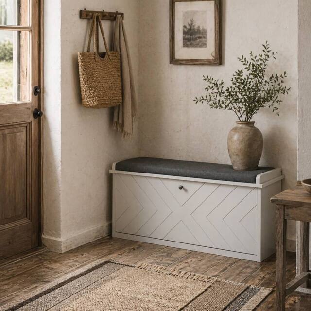 Wyld Haus Rakamo White Shoe Bench with Grey Padded Seat Holds up to 10 Pairs - image 1