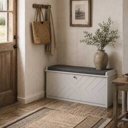 Wyld Haus Rakamo White Shoe Bench with Grey Padded Seat Holds up to 10 Pairs