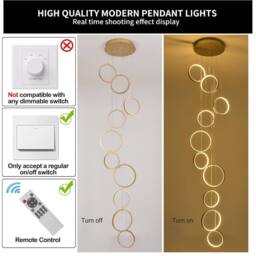 NIVOR Dimmable High Ceiling Chandelier with Remote 10 Ring LED Gold Pendant - thumbnail 3
