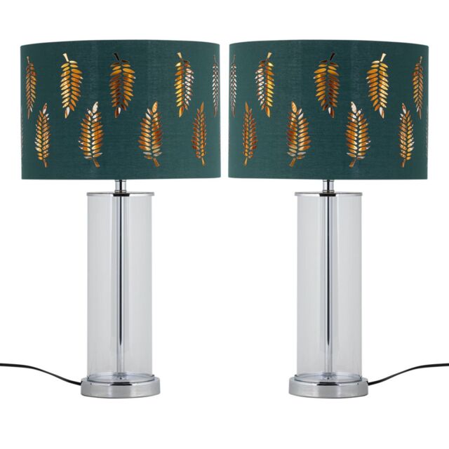 First Choice Lighting Set of 2 Aura - Chrome Table Lamps with Green Fern Cut Out Shades in Silver - image 1