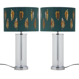 First Choice Lighting Set of 2 Aura - Chrome Table Lamps with Green Fern Cut Out Shades in Silver