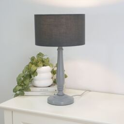 ValueLights Victoria Grey Wood Traditional Table Lamp with Fabric Drum Shade in Charcoal