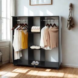 FURNOS Open Wardrobe Clothes Rail With Storage Shelves on Wheels Black - thumbnail 2