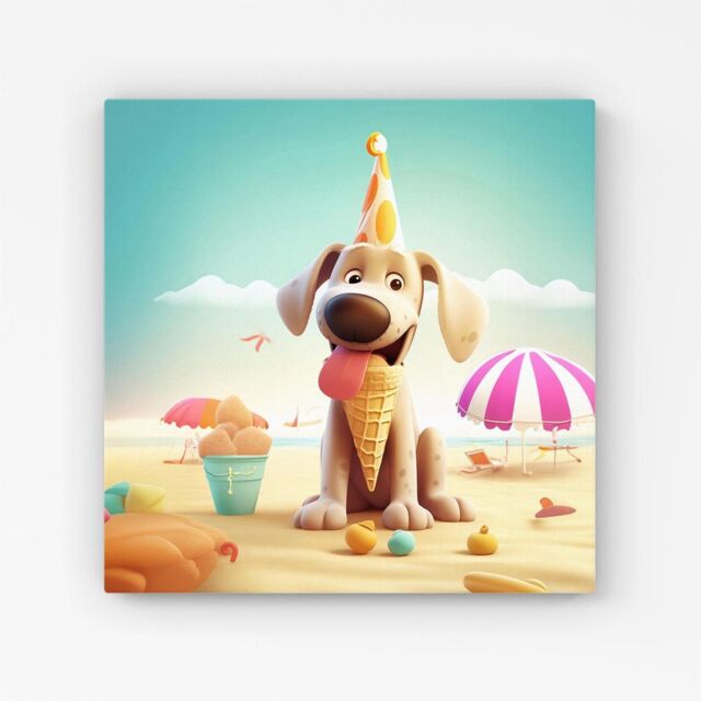 Warren Reed - Designer Dog On A Beach Holiday Canvas in Yellow - Size: w40 inch x h40 inch - image 1