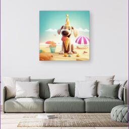 Warren Reed - Designer Dog On A Beach Holiday Canvas in Yellow - Size: w40 inch x h40 inch - thumbnail 4