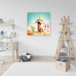 Warren Reed - Designer Dog On A Beach Holiday Canvas in Yellow - Size: w40 inch x h40 inch - thumbnail 3