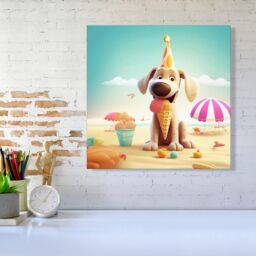 Warren Reed - Designer Dog On A Beach Holiday Canvas in Yellow - Size: w40 inch x h40 inch - thumbnail 2