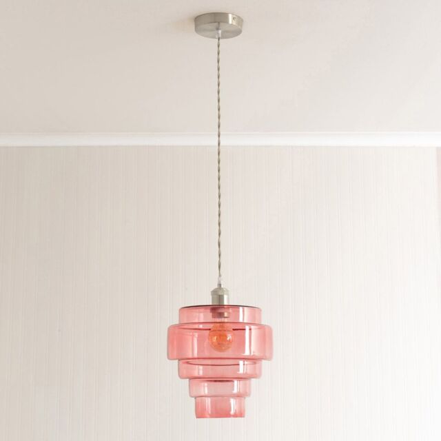 ValueLights Lane Glass 5 Tier Shade Brushed Chrome Ceiling Pendant Light & Bulb in Bright Pink - image 1