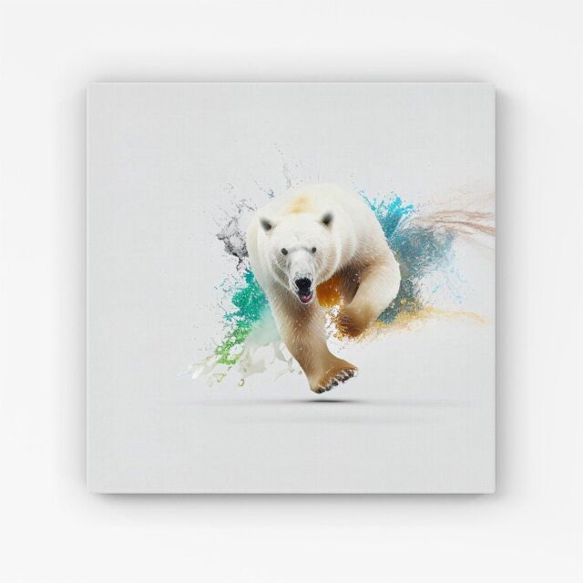 "Warren Reed - Designer Charging Polar Bear Canvas in White - Size: W16"" x H16""" - image 1