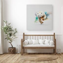 "Warren Reed - Designer Charging Polar Bear Canvas in White - Size: W16"" x H16""" - thumbnail 3