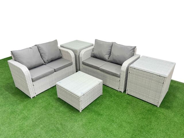 Fimous 4 Seater Outdoor Love Sofa Set Rattan Garden Furniture Set with Square Coffee Table 2 Side Tables Light Grey - image 1