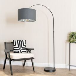 ValueLights Louis Black Arched Floor Lamp with Fabric Drum with Chrome Inner Shade & Bulb in Charcoal - thumbnail 3
