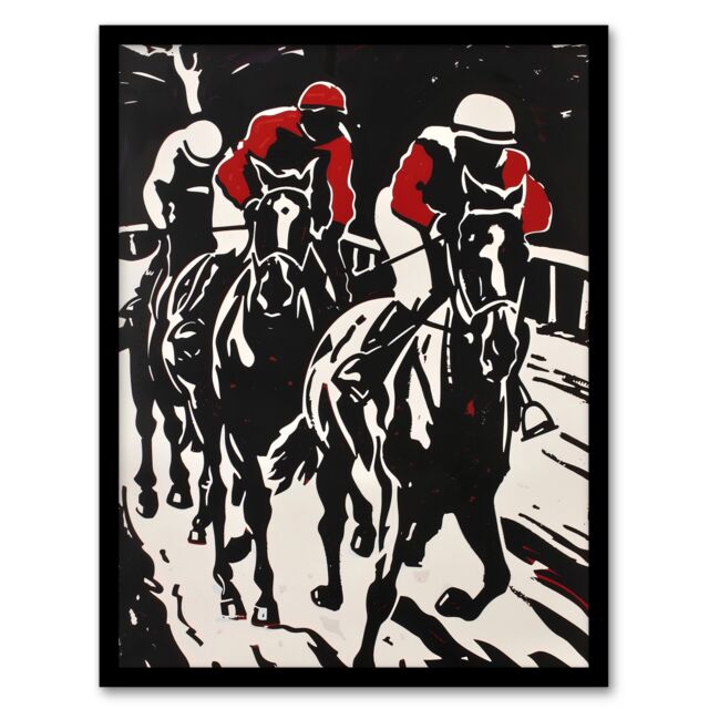 Artery8 Jockeys in Horse Racing Scene Black Red Modernist Framed Art Print - Size: A4 - image 1