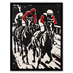 Artery8 Jockeys in Horse Racing Scene Black Red Modernist Framed Art Print - Size: A4 - thumbnail 1