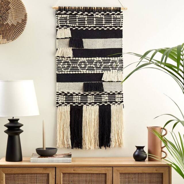 Wyld and Coco Handwoven Beige Cotton Wall Hanging Tassels Geometric Boho Decor - image 1