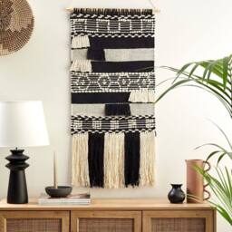 Wyld and Coco Handwoven Beige Cotton Wall Hanging Tassels Geometric Boho Decor