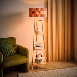 ValueLights Hiru Shelved Tripod Floor Lamp with Patterned Bamboo Lamp Shade & Bulb in Orange