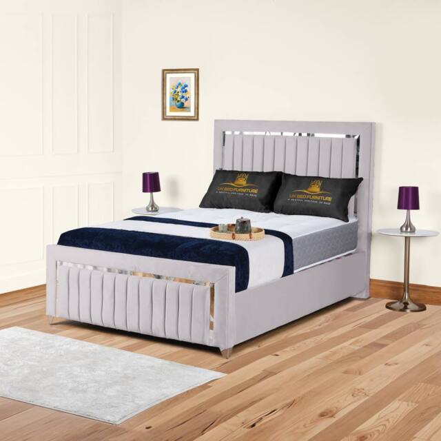 UK Bed Furniture Chrome Edge Slatted Base Upholstered Bed Frame with 48-inch Headboard in Silver - Size: Double - image 1