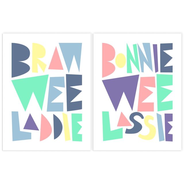 Artery8 Wall Art Print Pack of 2 A4 Scottish Baby Kids Childs Nursery Bonnie Wee Lassie Laddie Boy Girl Pastel Typography Design Living Room s Set - image 1