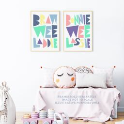 Artery8 Wall Art Print Pack of 2 A4 Scottish Baby Kids Childs Nursery Bonnie Wee Lassie Laddie Boy Girl Pastel Typography Design Living Room s Set - thumbnail 2